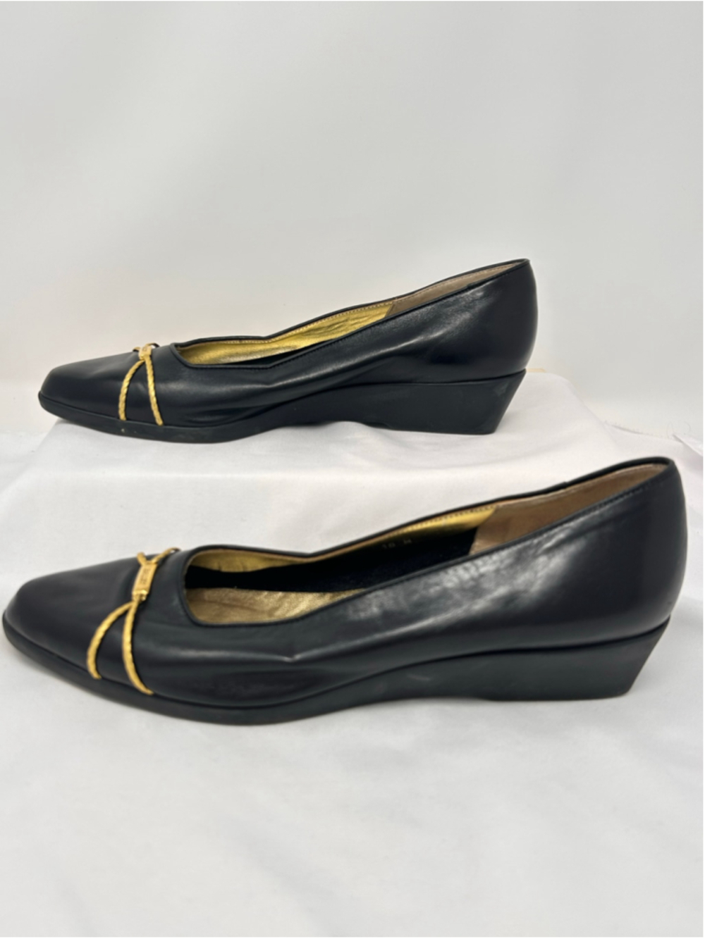 Bally Megan Black Leather Gold Cord Wedge Pumps Size 10